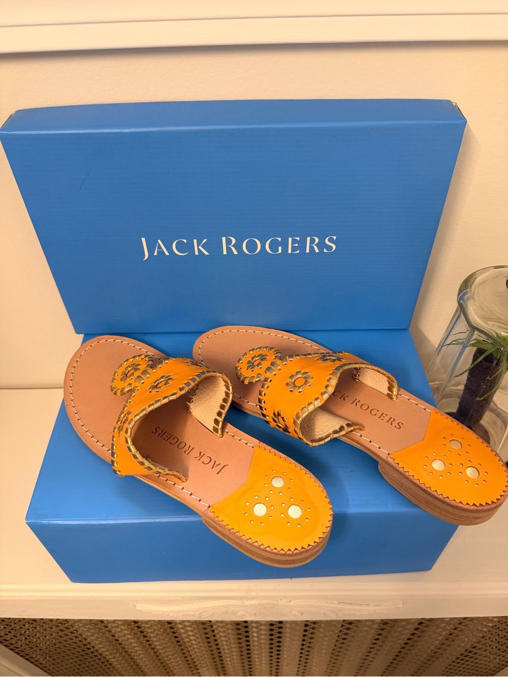 Jack Rogers Mandarin Orange and Gold Leather Slide Sandals